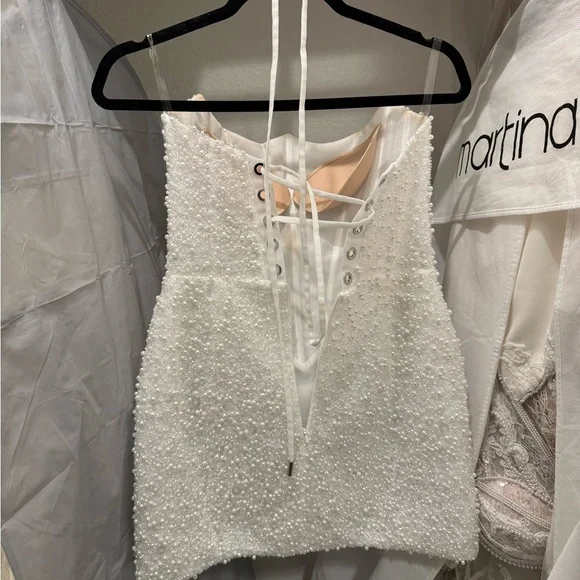 White Pearl Beaded Wedding Mini Dress - Picture 2 of 8